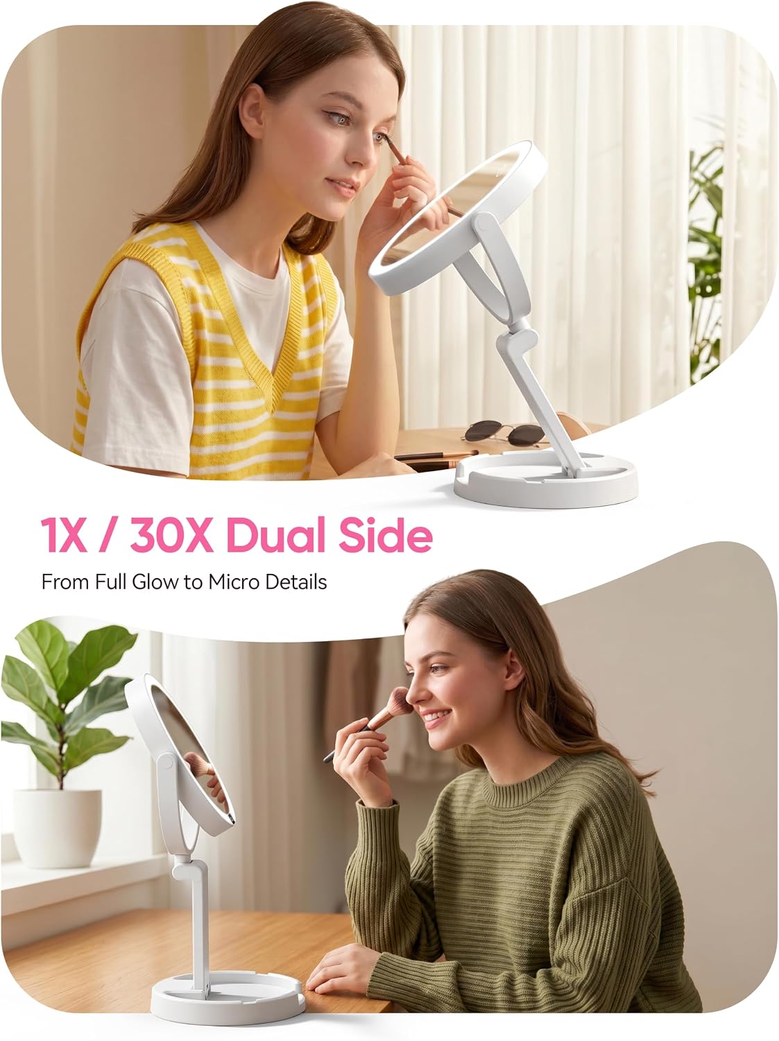 Makeup Mirror with Lights - 1X/30X Magnifying Double Sided Mirror | 3 Color Lighting & Stepless Dimming, 2000mAh Rechargeable, Foldable Portable, 7 Inches