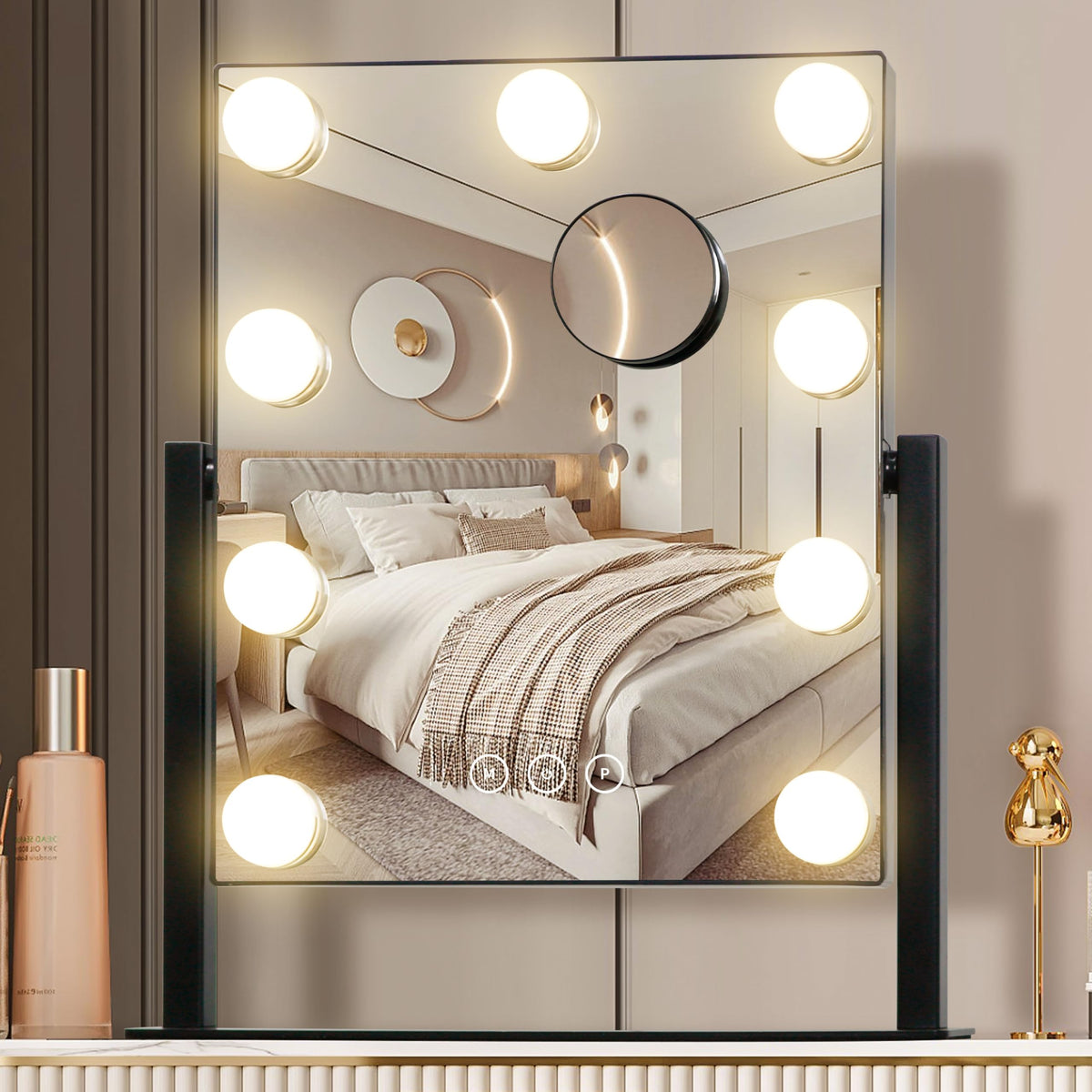 Vanity Makeup Mirror with Lights,3 Color Lighting Modes Detachable 10X Magnification Mirror Touch Control,360°Rotation, White (14.6Inch)