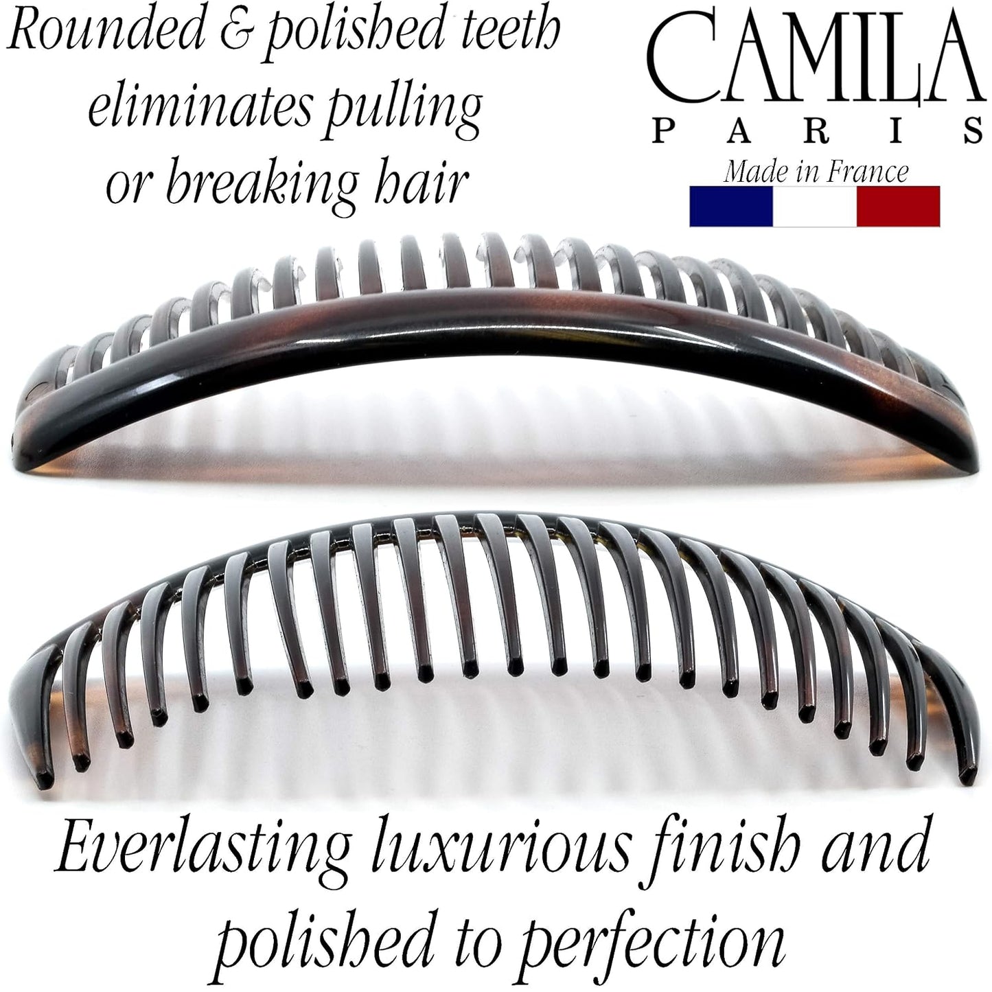 Camila Paris AD66/2 French Side Comb Large Curved Tortoiseshell Hair Combs for Women Fine Hair, 4 Inch Strong Hold Comb for Women Bun Chignon Up-Do Styling Girls Hairstyle Accessories, Made in France
