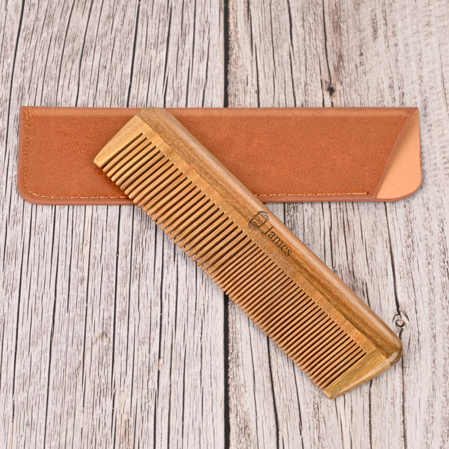 Onedor Handmade 100% Natural Green Sandalwood Wooden Comb for Men Hair, Beard, and Mustache Styling Pocket Comb With Leather Case (Long)
