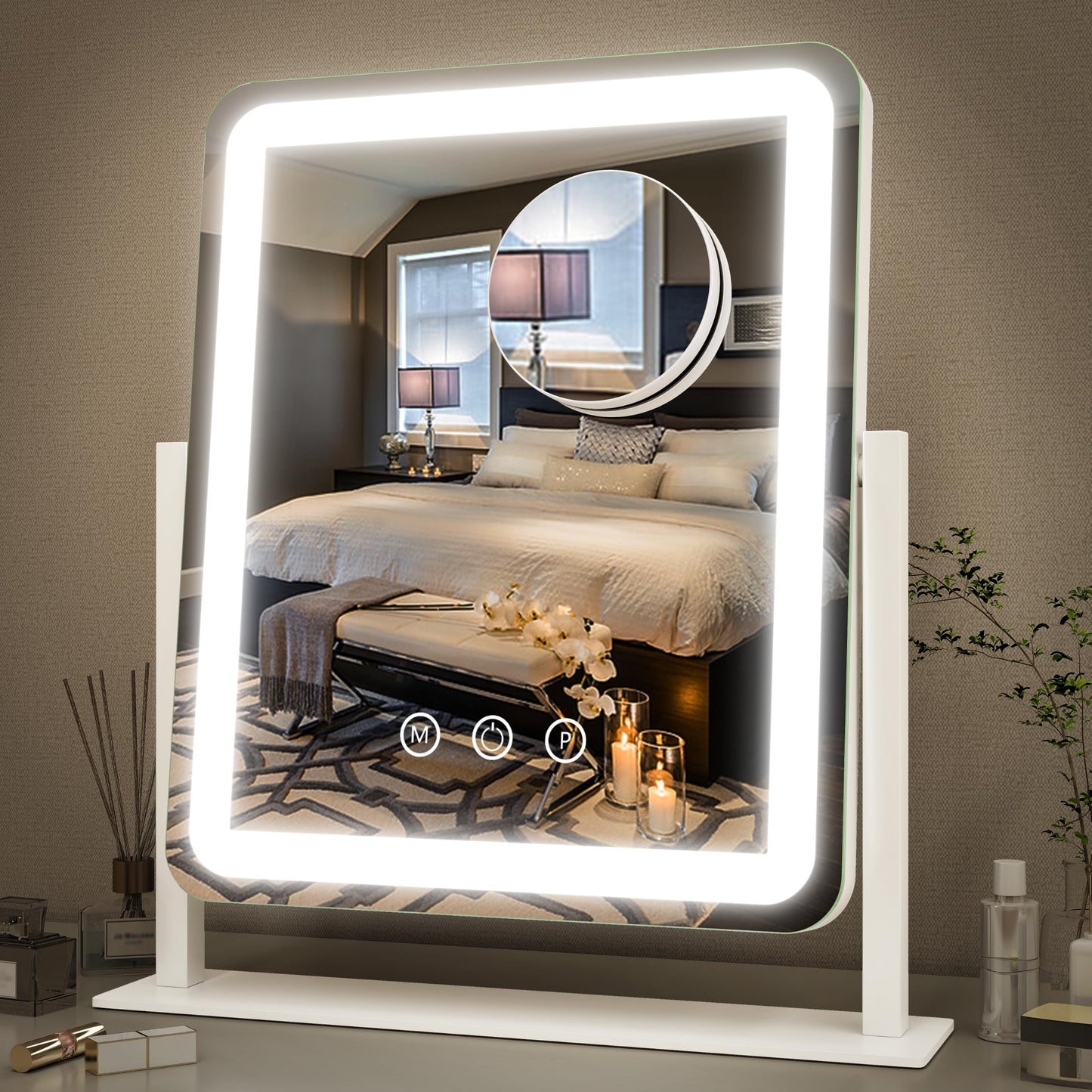 FENNIO Vanity Mirror with Lights 22''x18'' Makeup Mirror with Lights,Lighted Makeup Mirror with 10X Magnification and USB，Smart Touch Screen with 3-Color Lighting,Dimmable（Square White）