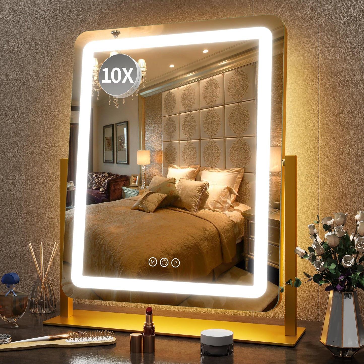 FENNIO Vanity Mirror with Lights 22''x18'' Makeup Mirror with Lights,Lighted Makeup Mirror with 10X Magnification and USB，Smart Touch Screen with 3-Color Lighting,Dimmable（Square White）