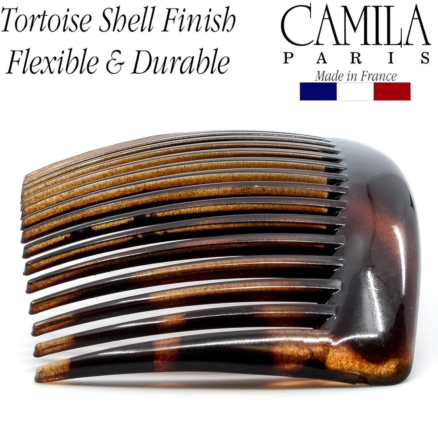 Camila Paris AD66/2 French Side Comb Large Curved Tortoiseshell Hair Combs for Women Fine Hair, 4 Inch Strong Hold Comb for Women Bun Chignon Up-Do Styling Girls Hairstyle Accessories, Made in France