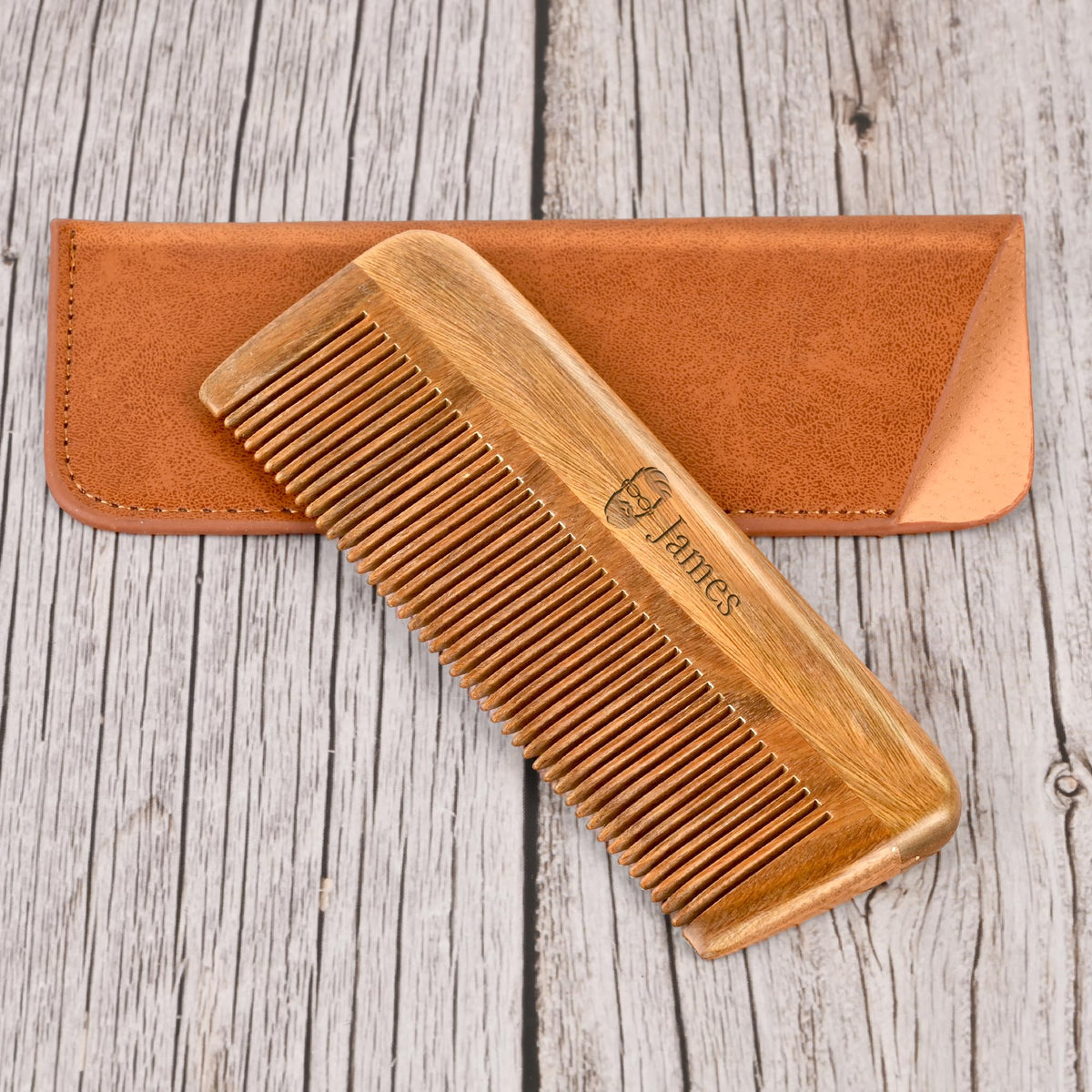 Onedor Handmade 100% Natural Green Sandalwood Wooden Comb for Men Hair, Beard, and Mustache Styling Pocket Comb With Leather Case (Long)