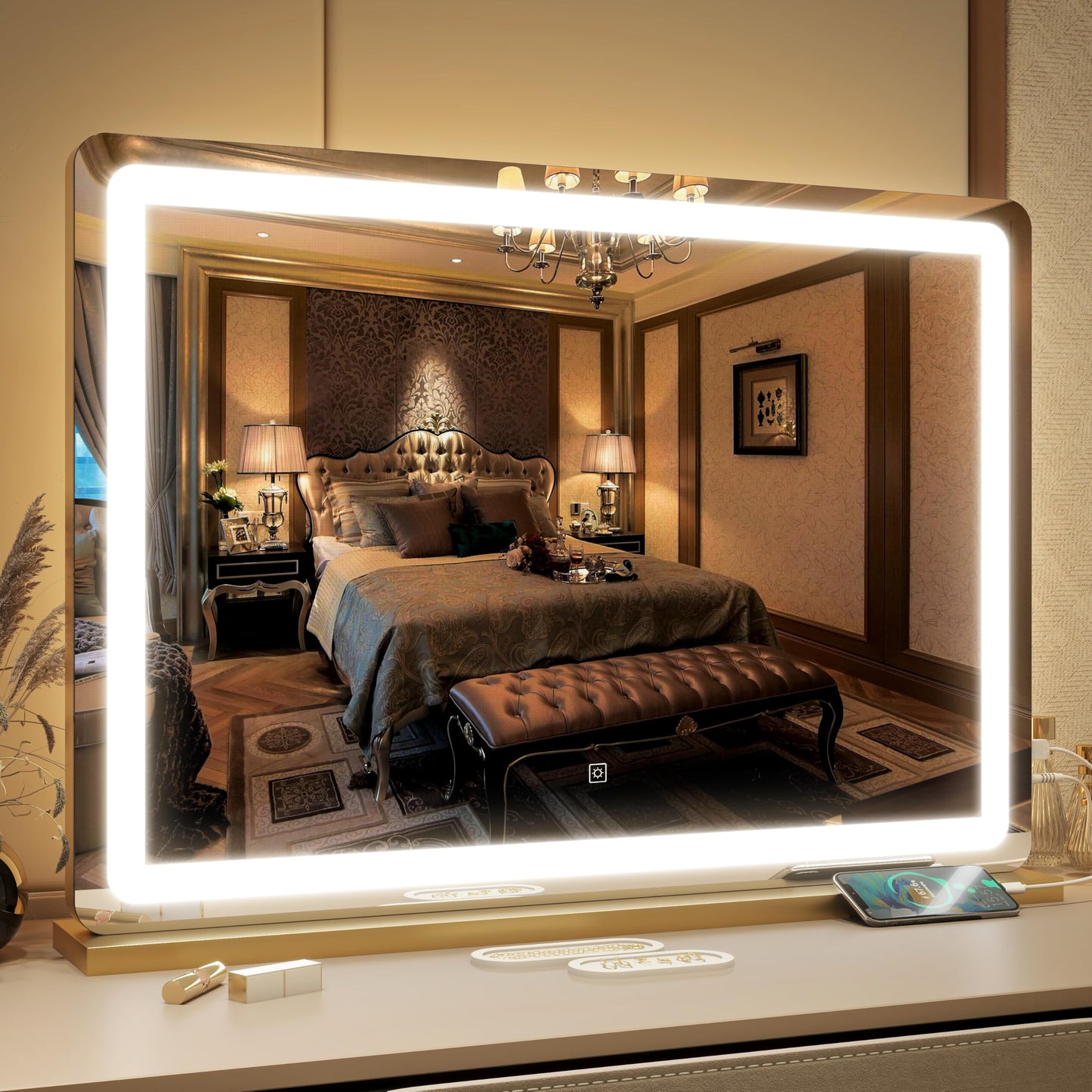 FENNIO Vanity Mirror with Lights 22''x18'' Makeup Mirror with Lights,Lighted Makeup Mirror with 10X Magnification and USB，Smart Touch Screen with 3-Color Lighting,Dimmable（Square White）