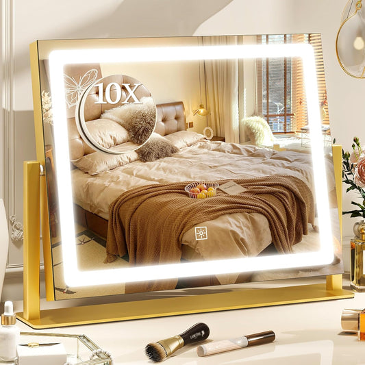12"x 16" Makeup Mirror with Light, Vanity Mirror with Light for Desk | 3 Color Lighting and Stepless Dimming, Plug-in Required, Memory, Easy Installion, Smart Touch, Gold