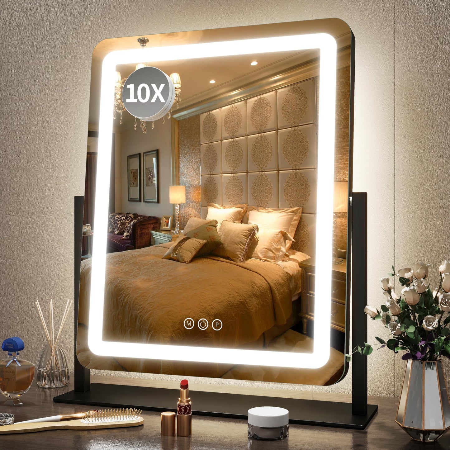 FENNIO Vanity Mirror with Lights 22''x18'' Makeup Mirror with Lights,Lighted Makeup Mirror with 10X Magnification and USB，Smart Touch Screen with 3-Color Lighting,Dimmable（Square White）