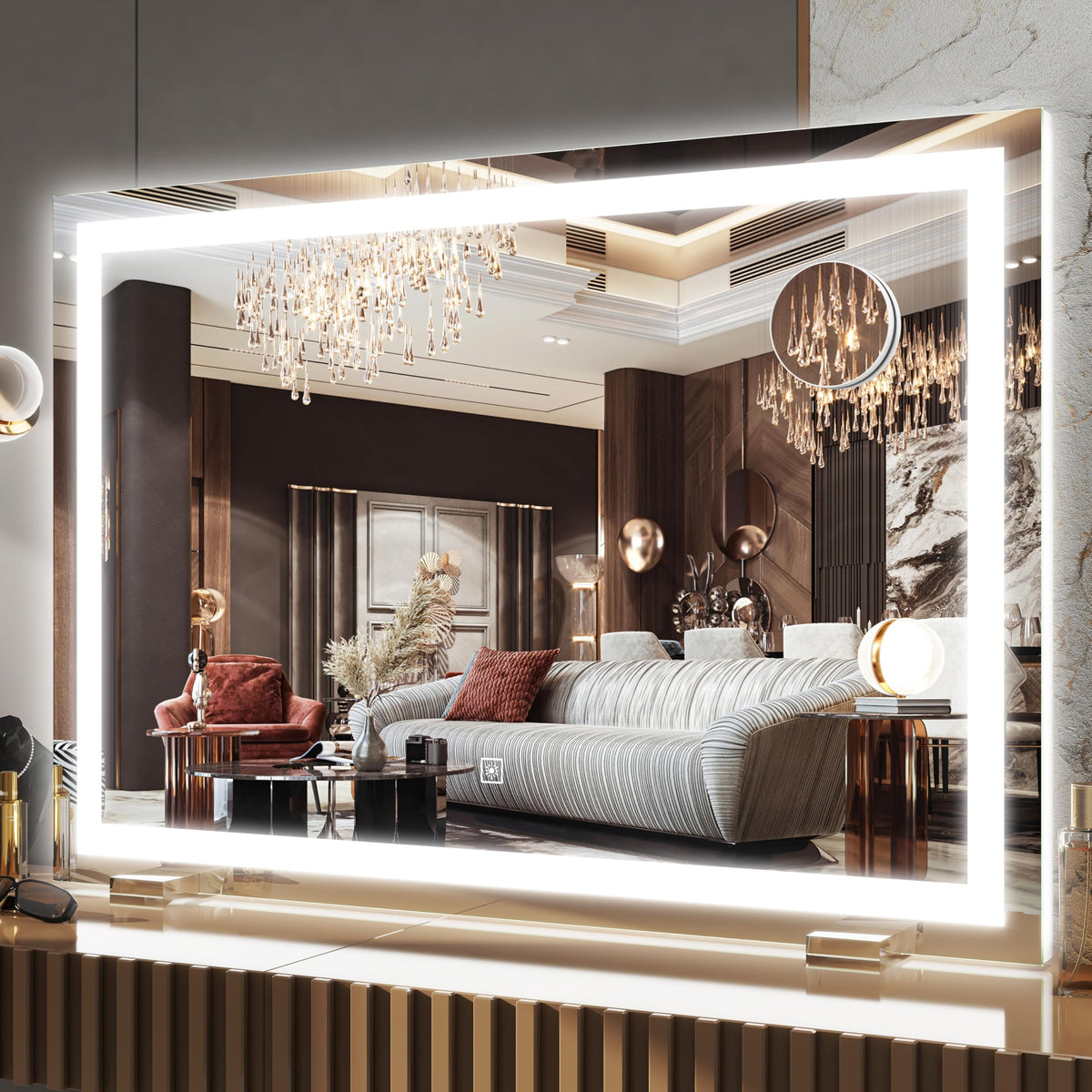 FENNIO Vanity Mirror with Lights 22''x18'' Makeup Mirror with Lights,Lighted Makeup Mirror with 10X Magnification and USB，Smart Touch Screen with 3-Color Lighting,Dimmable（Square White）