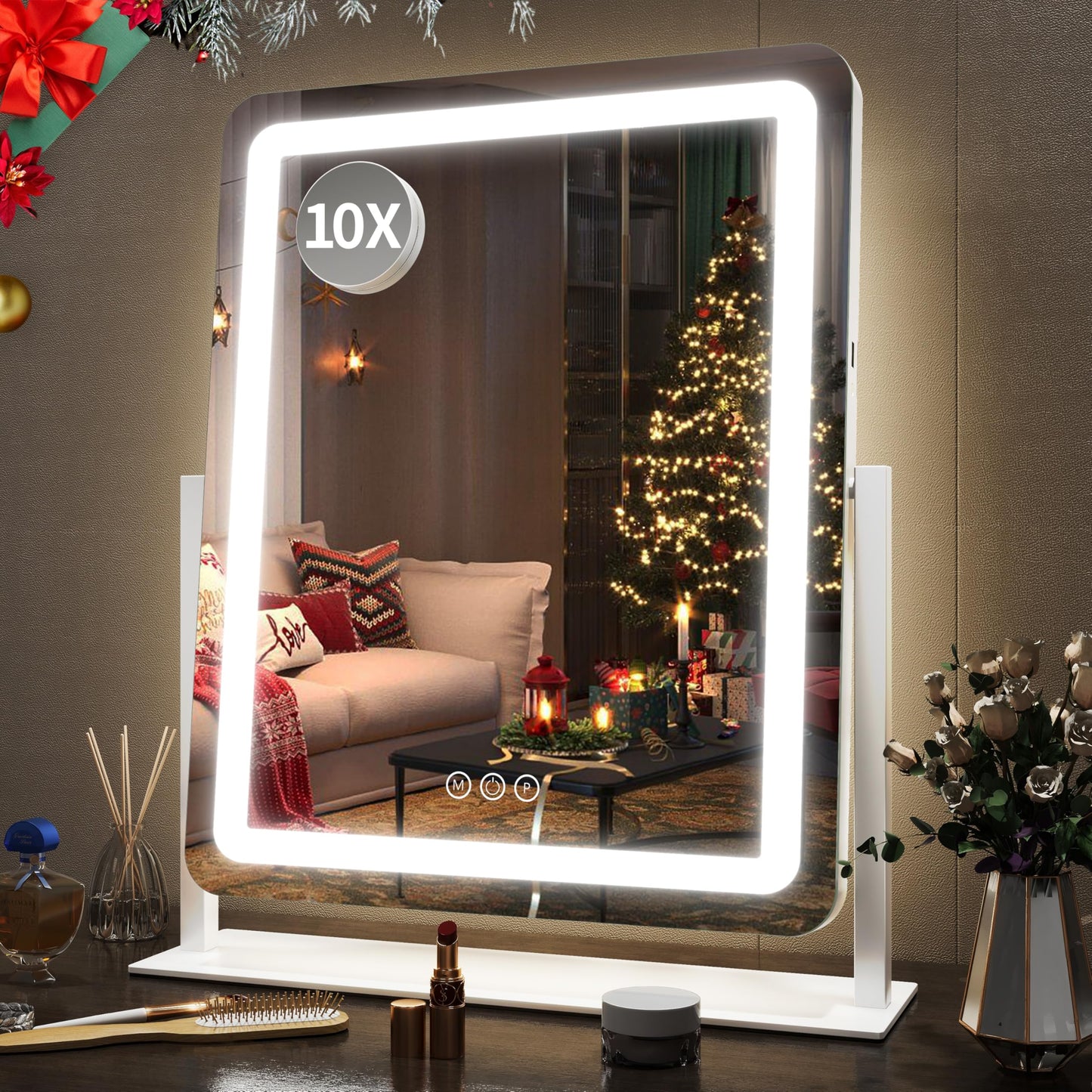 FENNIO Vanity Mirror with Lights 22''x18'' Makeup Mirror with Lights,Lighted Makeup Mirror with 10X Magnification and USB，Smart Touch Screen with 3-Color Lighting,Dimmable（Square White）